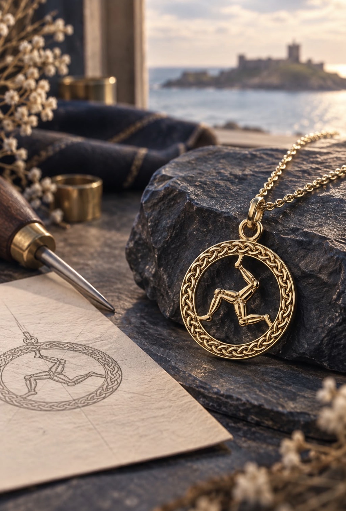 Celtic Gold Three Legs of Man pendant with Peel Castle beyond